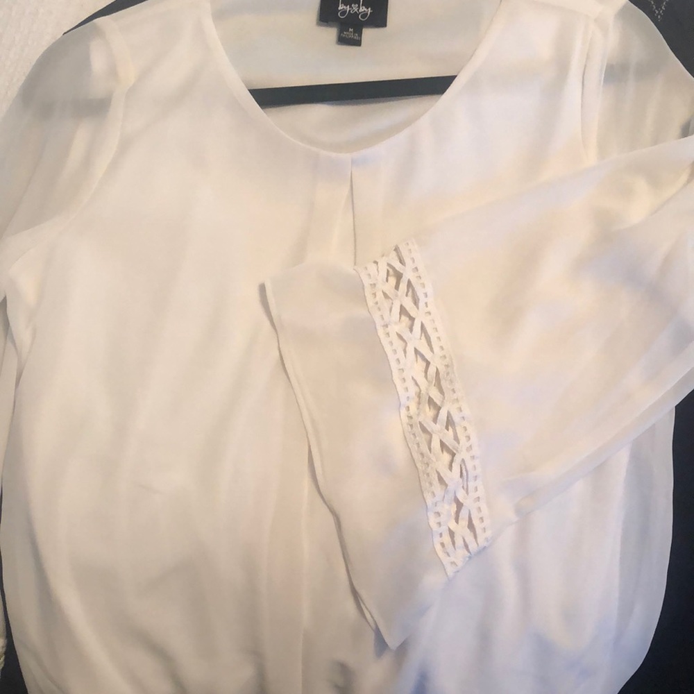 by&by ivory, Sheer, lined blouson styled with detailed sleeves. Sz medium